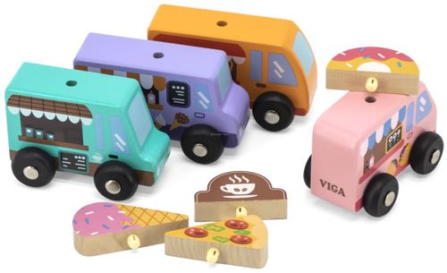 סט 4 משאיות אוכל מעץ מלא עם גלגלים מסתובבים - פיצה, קפה, גלידה ודונאטס