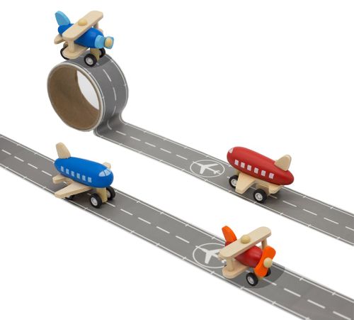מטוס פעלולים כחול מעץ עם מסלול המראה דביק