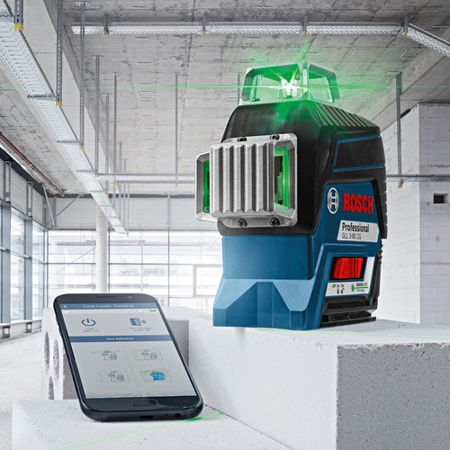 פלס לייזר ירוק היקפי נטען 3 מעגלים 30 מטר BOSCH GLL 3-80GC 12V IP54 Bluetooth