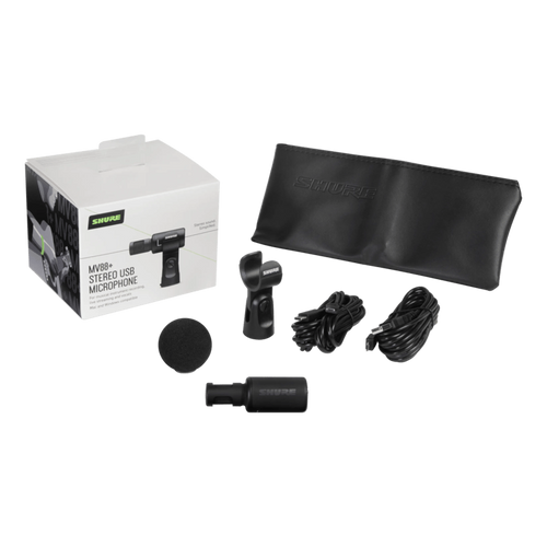 A SHURE MV88+STEREO-USB מיקרופון סטריאו קל ונייד להשמה על עמוד שולחני או על כל מתקן עם הברגה תואמת.