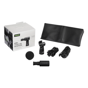 A SHURE MV88+STEREO-USB מיקרופון סטריאו קל ונייד להשמה על עמוד שולחני או על כל מתקן עם הברגה תואמת.