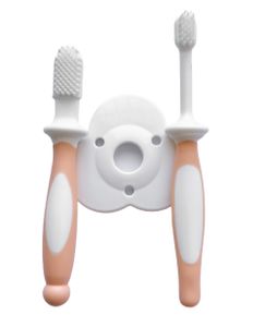 סט 2 מברשות שיניים הראשונות לתינוק מסיליקון עם מגן בטיחות - אפרסק
