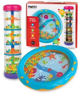 חבילת מתנה - תוף חרוזים ים 22 ס"מ ומקל גשם (ריינמייקר)