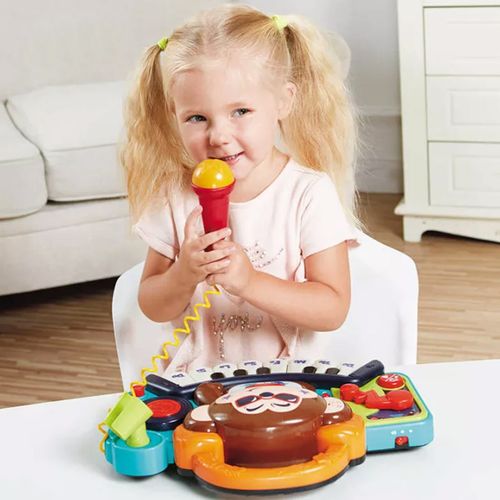 עמדת די ג'יי קוף עם פסנתר לימודי, מיקרופון הקלטת מוזיקה ושמיעת שירים