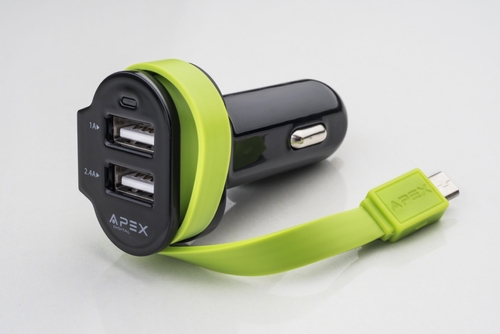 מטען לרכב עם שתי כניסות APX 269 USB +כבל USB מובנה APEX