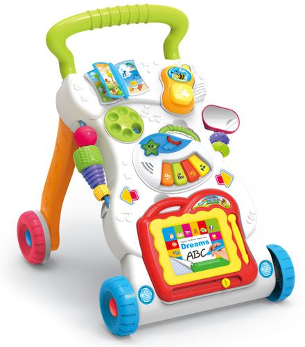 הליכון מנגן לתינוק עם גלגלי סיליקון מונעי החלקה, לוח ציור ופסנתר מנגן ומאיר