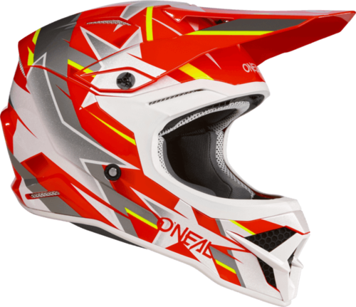 קסדת שטח ONEAL 3SRS RIDE V.23 בצבעים אדום אפור וצהוב עם מעטפת ABS, מערכת אוורור מתקדמת ובטנה נשלפת לרכיבת שטח מקצועית