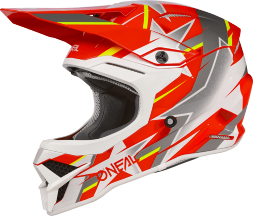 קסדת שטח ONEAL 3SRS RIDE V.23 בצבעים אדום אפור וצהוב עם מעטפת ABS, מערכת אוורור מתקדמת ובטנה נשלפת לרכיבת שטח מקצועית