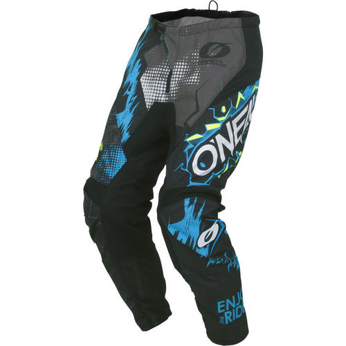 חליפת רכיבה ילדים ONEAL YOUTH ELEMENT VILLAIN V.22 בצבעי אפור שחור כחול עם הגנות מרופדות למרפק מגני ירכיים EVA קצף וחומרים נושמים מנדפי זיעה לרכיבה בטוחה ונוחה