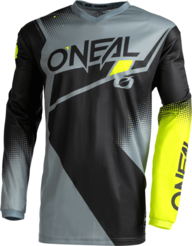 חליפת רכיבה ONEAL ELEMENT RACEWEAR V.22 בצבעים שחור אפור וצהוב, כוללת חולצה עם הגנה מרופדת למרפק ומכנסיים עם מגני ירכיים, מיועדת לרכיבה מקצועית עם חומרים נושמים וגרפיקה עמידה