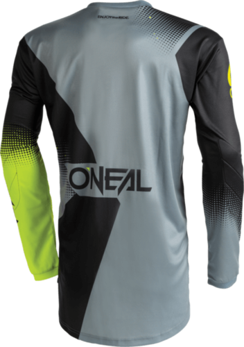חליפת רכיבה ONEAL ELEMENT RACEWEAR V.22 בצבעים שחור אפור וצהוב, כוללת חולצה עם הגנה מרופדת למרפק ומכנסיים עם מגני ירכיים, מיועדת לרכיבה מקצועית עם חומרים נושמים וגרפיקה עמידה
