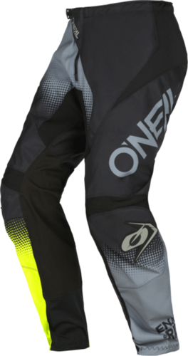 חליפת רכיבה ONEAL ELEMENT RACEWEAR V.22 בצבעים שחור אפור וצהוב, כוללת חולצה עם הגנה מרופדת למרפק ומכנסיים עם מגני ירכיים, מיועדת לרכיבה מקצועית עם חומרים נושמים וגרפיקה עמידה
