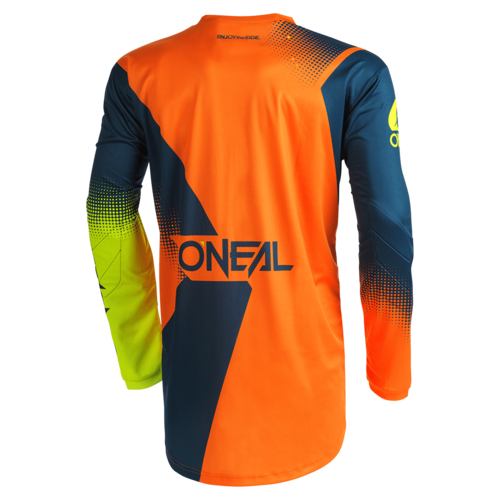 חליפת רכיבה ONEAL ELEMENT RACEWEAR V.22 בצבעי כתום כחול וצהוב, כוללת חולצה עם הגנת מרפק ומכנס עם מגני ירכיים, מק