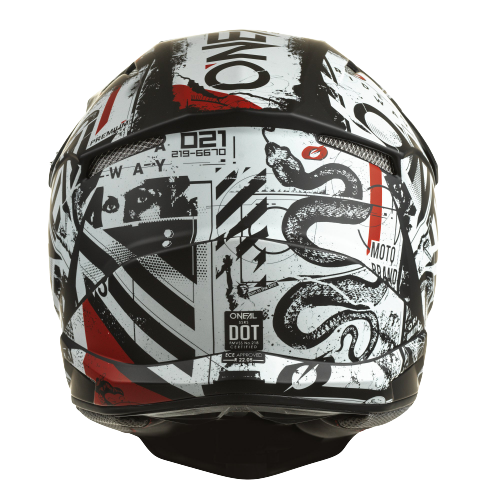 קסדת שטח ONEAL 3SRS SCARZ V.22 בצבע שחור לבן אדום עם מעטפת ABS, מערכת אוורור מתקדמת, בטנה נשלפת ותקן בטיחות ECE 22.05 לרכיבת שטח מקצועית