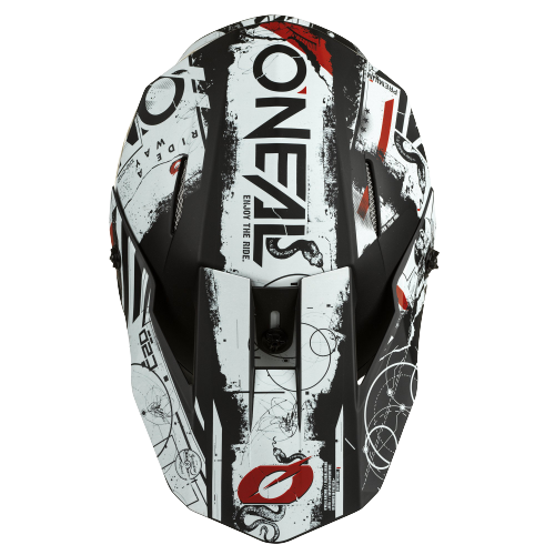 קסדת שטח ONEAL 3SRS SCARZ V.22 בצבע שחור לבן אדום עם מעטפת ABS, מערכת אוורור מתקדמת, בטנה נשלפת ותקן בטיחות ECE 22.05 לרכיבת שטח מקצועית
