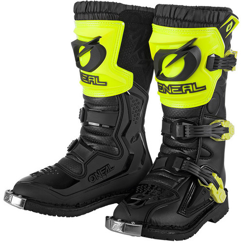 מגפי רכיבה ילדים ONEAL YOUTH RIDER PRO BOOTS בצבע שחור וצהוב עם מגן מתכת קדמי, מערכת Snap-Lock ופנים רשת אוויר לנוחות מקסימלית