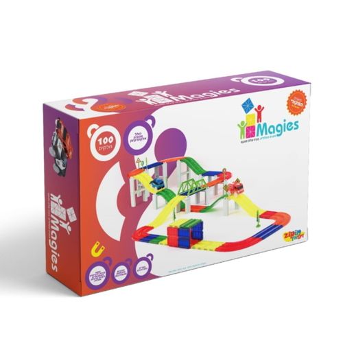 משחק מגנטים מאגיס - מסלול מכוניות 100 חלקים | Magies Car Track 100 pcs