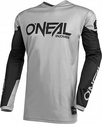 חליפת רכיבה ONEAL ELEMENT THREAT V.22 בצבע אפור ושחור, כוללת חולצה עם הגנת מרפק מרופדת ומכנסיים עם מגני ירכיים, עשויה מחומרים נושמים ומנדפי זיעה עם גרפיקה מודגשת ללא דהייה לרכיבה מקצועית
