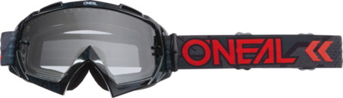 משקפי אבק ONEAL B-10 GOGGLE CAMO שחורים עם עדשה שקופה תלת-ממדית, רצועה מתכווננת עם פסי סיליקון וציפוי נגד שריטות לרכיבה מקצועית