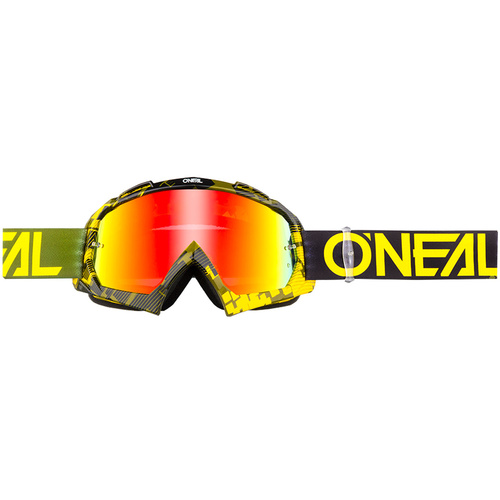 משקפי אבק מוטוקרוס ONEAL B-10 PIXEL MX GOGGLE GREEN עם עדשה אדומה וציפוי נגד שריטות, רצועה מתכווננת עם פסי סיליקון משולשים לרכיבה בטוחה ונוחה