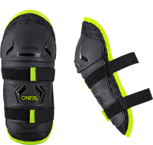 מגני ברכיים ילדים ONEAL PEEWEE KNEE GUARD בצבע שחור וצהוב, מעטפת Airmesh מחוררת עם פלסטיק יצוק בהזרקה דו-חלקי ורצועות אלסטיות, מיועדים לילדים בגילאי 4-9 לפעילות ספורטיבית בטוחה