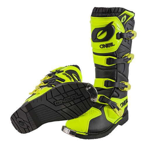 מגף רכיבה ONEAL RIDER PRO BOOTS בצבע שחור וצהוב עם מערכת 4 אבזמי Snap-Lock מתכווננים, מגן בוהן ממתכת, פנים רשת אוויר ותקן בטיחות EN13634 לרכיבת שטח מקצועית
