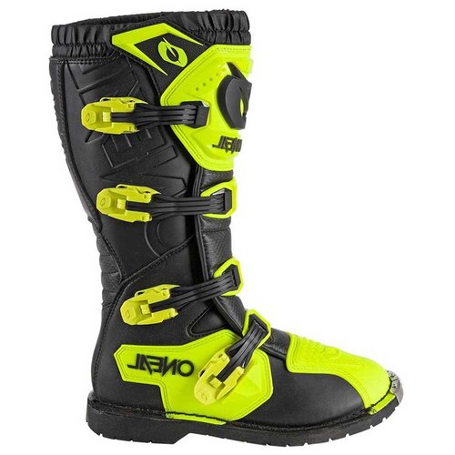 מגף רכיבה ONEAL RIDER PRO BOOTS בצבע שחור וצהוב עם מערכת 4 אבזמי Snap-Lock מתכווננים, מגן בוהן ממתכת, פנים רשת אוויר ותקן בטיחות EN13634 לרכיבת שטח מקצועית