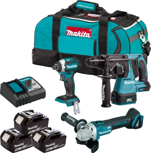 סט 3 כלים פטישון, אימפקט ומשחזת 18V נטען עם 3 סוללות 5A ומטען מהיר MAKITA DLX3189TX1 מקיטה