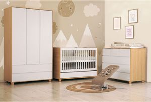חדר תינוק טיילור / קורי / בריידי עם שידת החתלה רחבה, מיטה שהופכת למיטת מעבר וארון 3 דלתות - לבן / טבעי