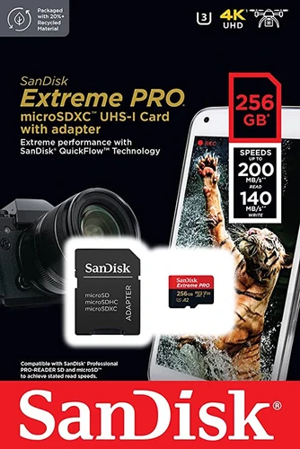כרטיס זיכרון SanDisk Extreme Pro microSDXC SDSQXCD-256G A2 V30 נפח 256GB