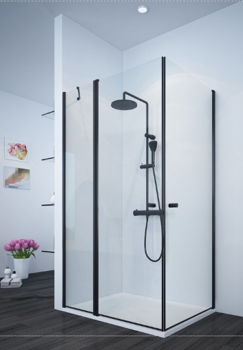 IN/OUT מקלחון פינתי דופן קבועה ו-2 דלתות- 2801 W+A - BLACK