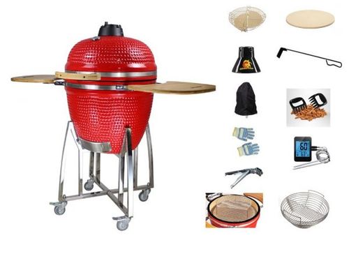 מעשנה גריל וטאבון 24 אינץ KING KAMADO כולל ציוד למעשנה בצבע אדום