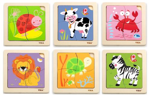 12 פאזלים 4 חלקים מעץ לפעוטות במתקן אחסון - חיות