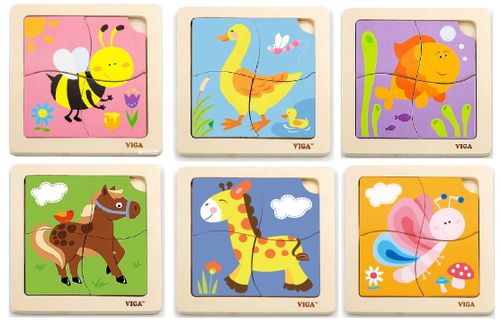 12 פאזלים 4 חלקים מעץ לפעוטות במתקן אחסון - חיות