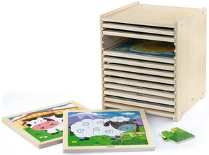 12 פאזלים 9 חלקים מעץ לפעוטות במתקן אחסון - חיות וכלי תחבורה