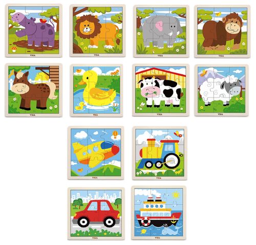 12 פאזלים 9 חלקים מעץ לפעוטות במתקן אחסון - חיות וכלי תחבורה