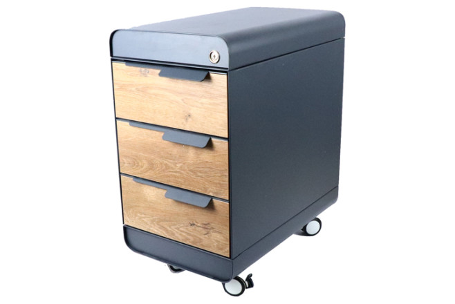 ארגז מגירות 3 תאים מתכת PEDESTAL - מסגרת ברזל אפור דלתות גוון עץ טבעי