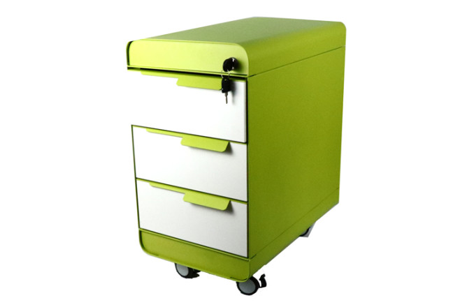ארגז מגירות 3 תאים מתכת PEDESTAL -מסגרת ברזל ירוק ליים דלתות לבן
