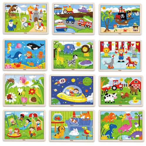 12 פאזלים 16 חלקים מעץ לפעוטות במתקן אחסון - חיות וכלי תחבורה