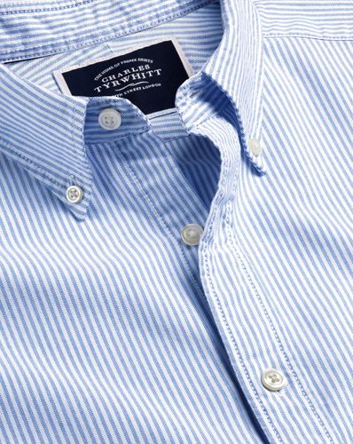 חולצה כחולה עם פסים גזרת סלים -  Ocean blue stripe button-down washed Oxford shirt