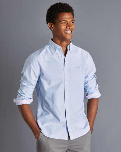 חולצה כחולה עם פסים גזרת סלים -  Ocean blue stripe button-down washed Oxford shirt