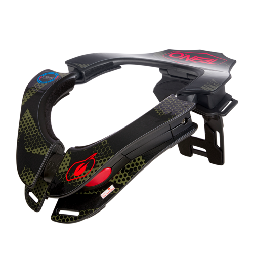 מגן צוואר TRON NECKBRACE COVERT בצבע שחור וירוק של O'Neal עם טכנולוגיית Moveo Concept II, מערכת התאמה דו-אזורית, סנפיר אחורי מתקפל ומוסמכות CE EN 1621 למגן מקצועי ואמין
