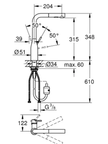 ברז מטבח נשלף גרואה אסנס 30270DC0 עם פיה מוברשת.