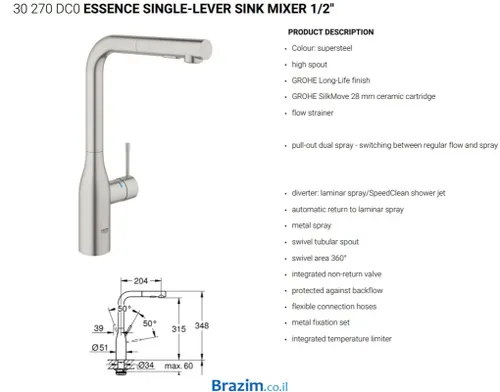 ברז מטבח נשלף גרואה אסנס 30270DC0 מוברש מותקן על שיש מטבח מודרני.