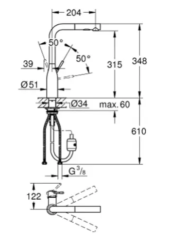 ברז מטבח נשלף גרואה אסנס 30270GN0 עם פיה זהב מוברש.
