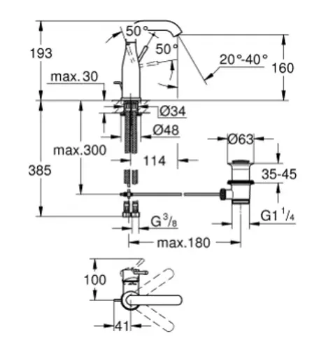 ברז רחצה נמוך גרואה אסנס 23462DA1 עם פיה אדומה מבריקה.