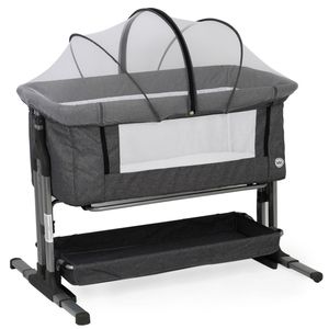 עריסה נצמדת למיטת הורים אוסטין עם מצבי גובה, אפשרות נידנוד, כילה ומשטח אחסון - אפור כהה