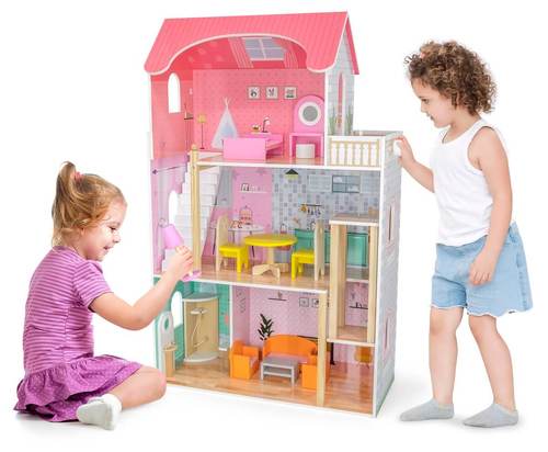 בית בובות גדול, תלת קומתי עם מעלית ו 14 פרטי ריהוט ויגה