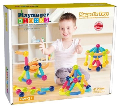 משחק מגנטים מוטות וכדורים דקים 61 חלקים PLAYMAGER
