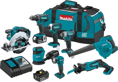 סט נטען 18V מברגת אימפקט + מברגה מקדחה + מפתח רטיטה + מסור עגול + מסור חרב +  מלטשת + מפוח + פנס נטען + 2 סוללות 3 אמפר MAKITA XT801X1